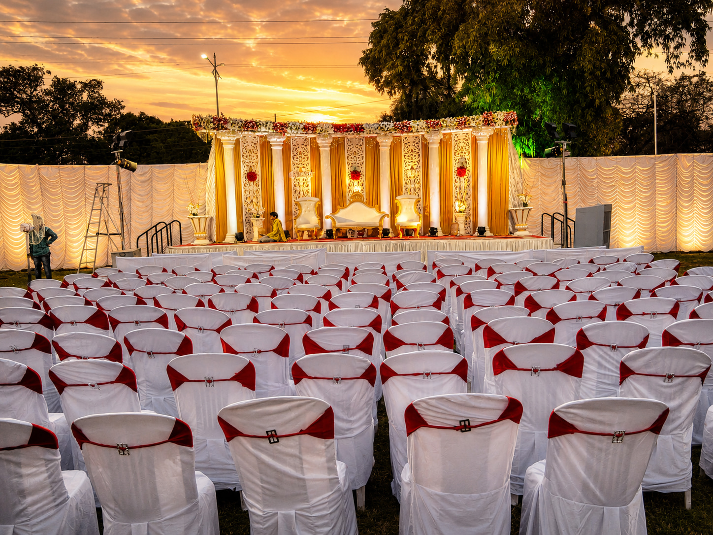 Golden Hour Wedding Setup with Floral Decor