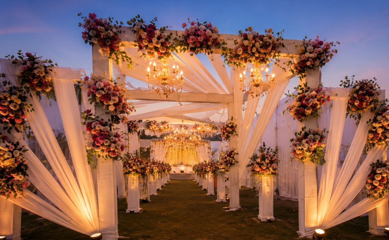 Floral Chandelier Wedding Entrance at Night