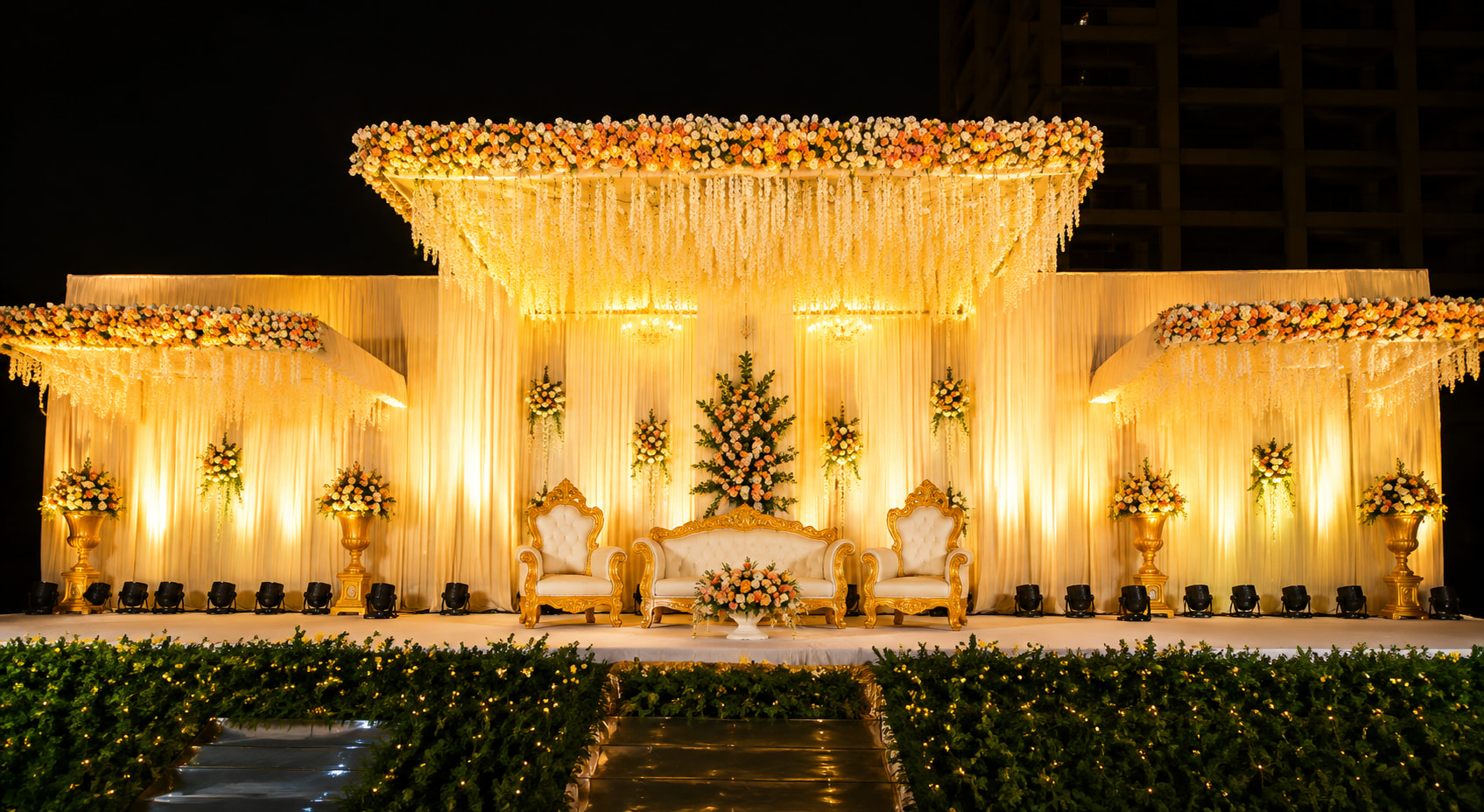 Grand Golden Floral Wedding Stage at Night