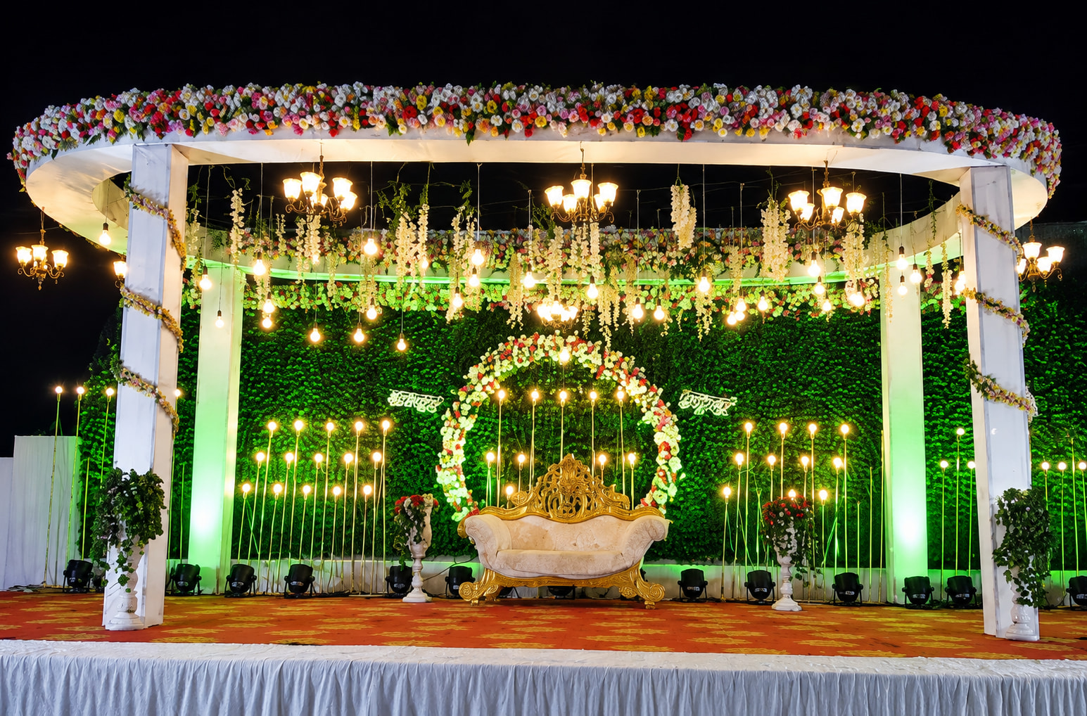 Grand Floral Wedding Stage at Night