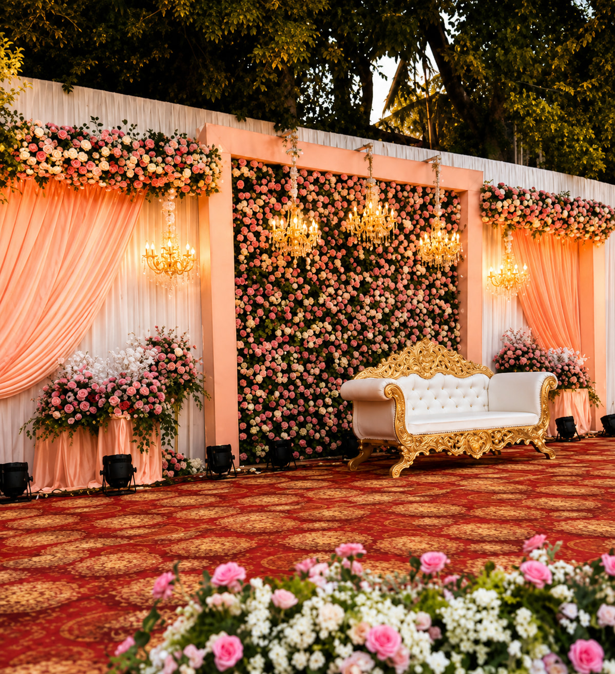 Opulent Floral Wedding Stage at Sunset