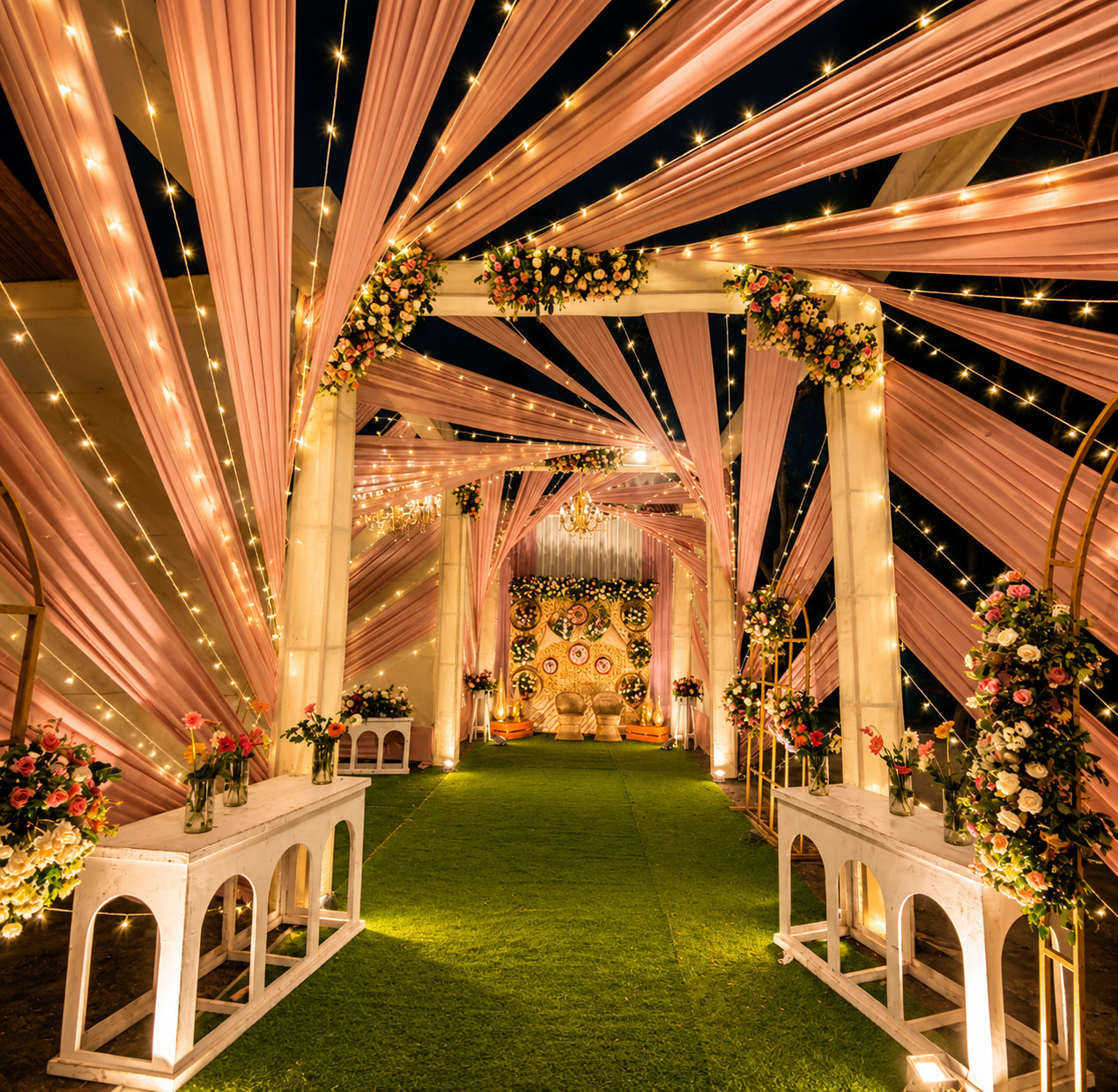 Romantic Blush-Lit Wedding Aisle