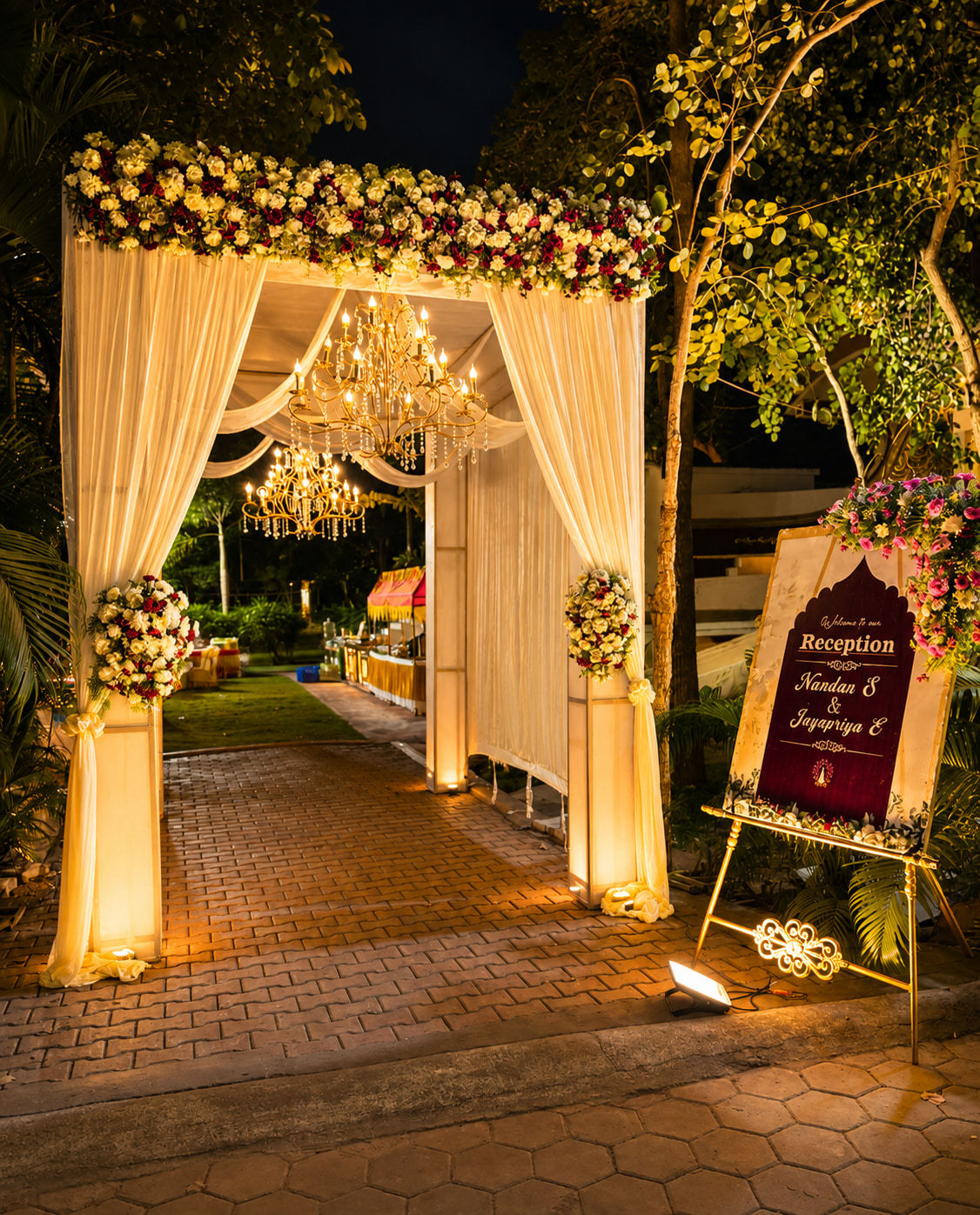 Romantic Chandeliers and Floral Reception Entrance