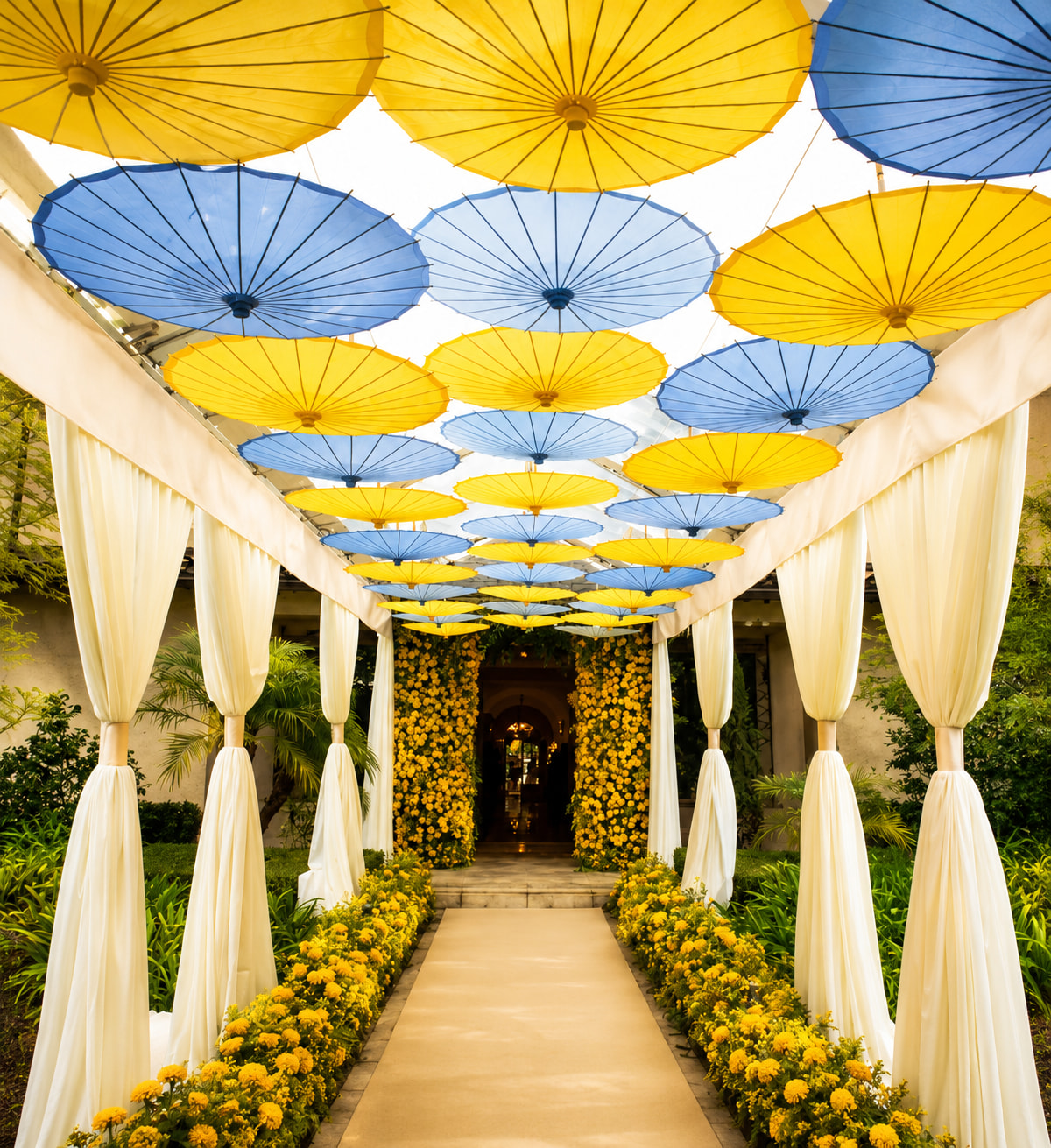 Vibrant Umbrella Canopy Wedding Entrance
